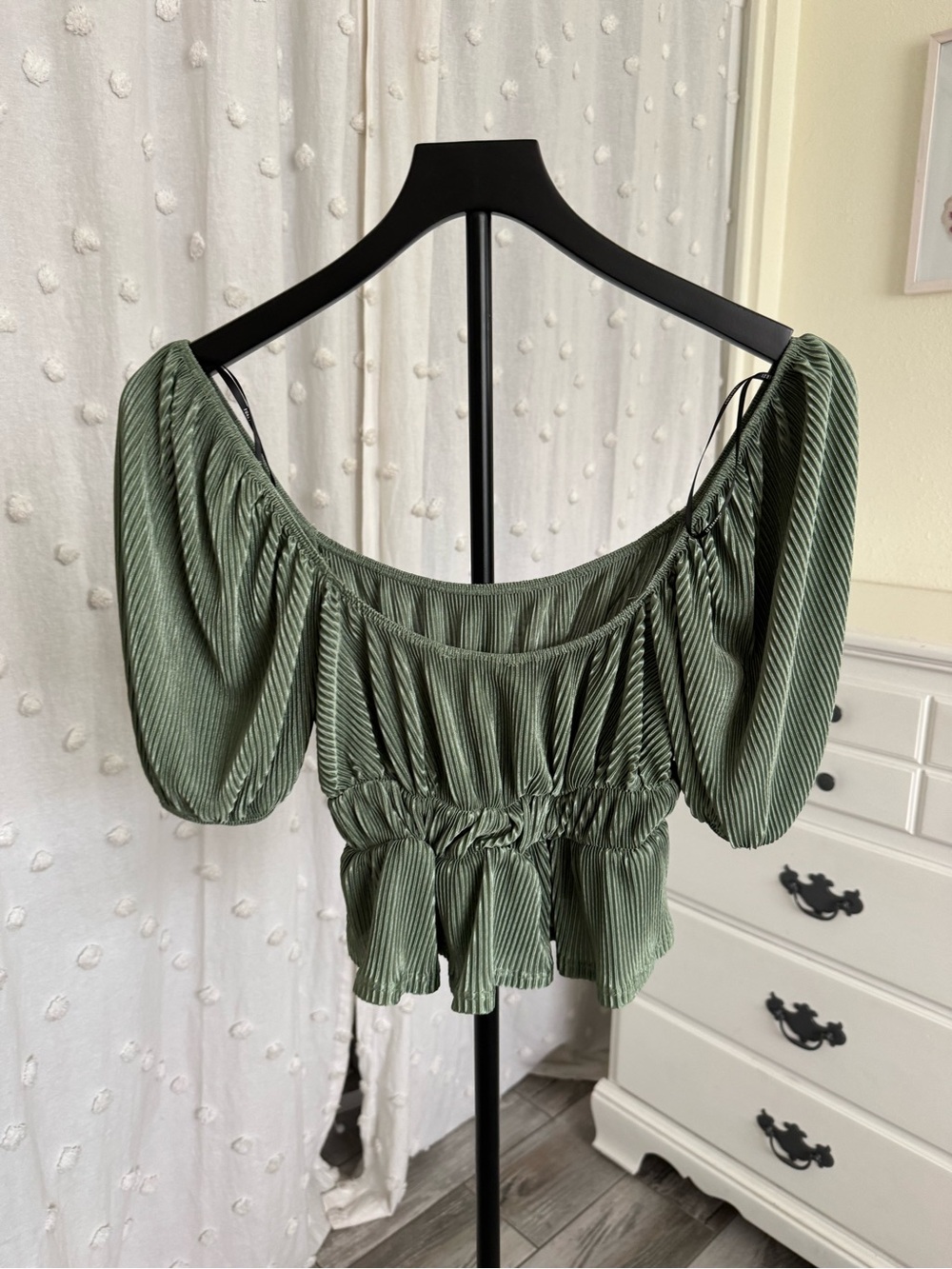 Forever 21 Sage Green Smocked Peplum Off-Shoulder Top